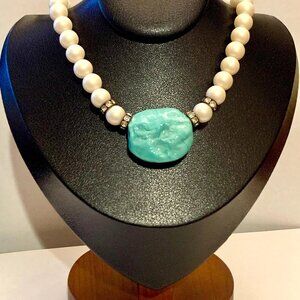 Designer Les Bernard Vintage Chunky Natural Aqua Stone Choker Necklace - Signed